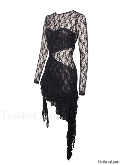 Omaira Black Lace Charming Long Sleeve Ruffle Dress
