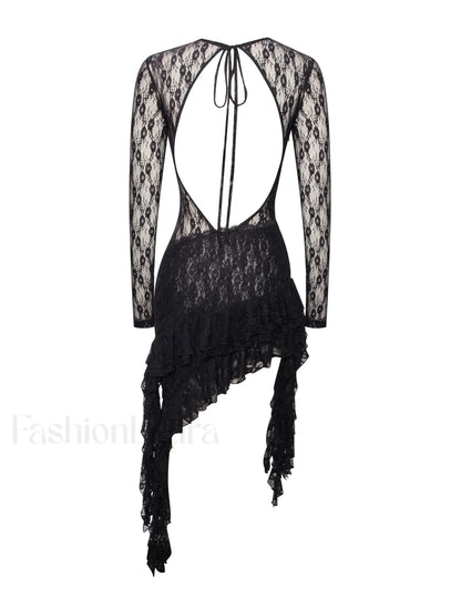 Omaira Black Lace Charming Long Sleeve Ruffle Dress
