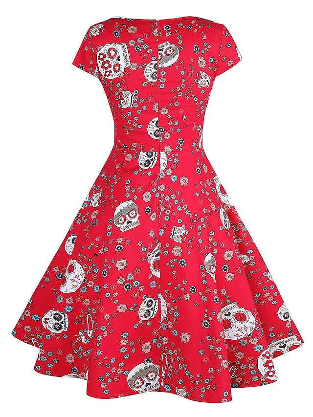 1950s Vintage Vintage Dress Midi Dress Going out Summer Dress Print Bull One Shoulder Short Sleeve Regular Fit Summer Spring  Red S M L XL for Women