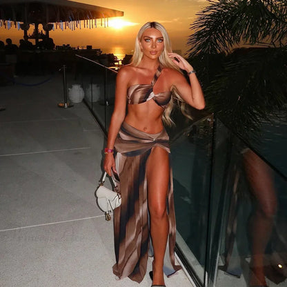 One Shoulder Skirt Three Piece Swimsuit
