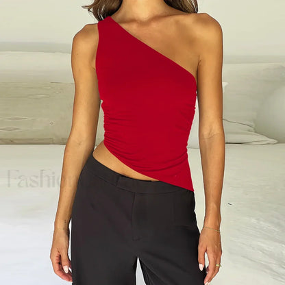 One Shoulder Solid Color Lace-Up Irregular Short Crop Top