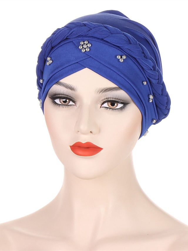 Multiple Colors Choice with Beads Women Muslim Braid Head Turban Wrap Cover Islamic Arab Cap Fashion Hair Loss Bonnet Beanies for Women