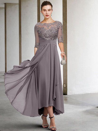 A-Line Mother of the Bride Dress Plus Size Elegant High Low V Neck Asymmetrical Ankle Length Chiffon Lace Half Sleeve with Beading Appliques 2023