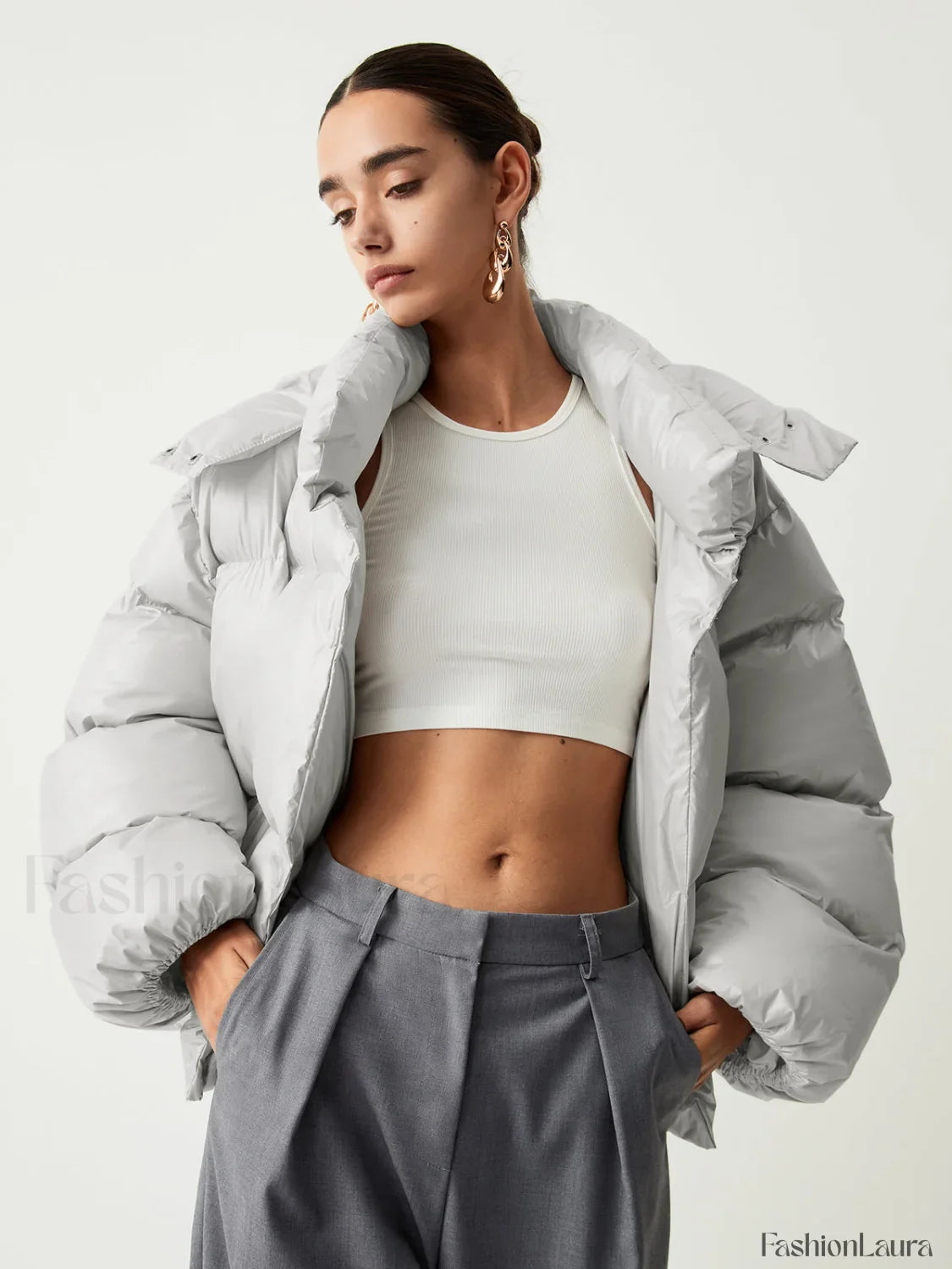 Open Collar Quilted Trendy Hooded Puffer Coat