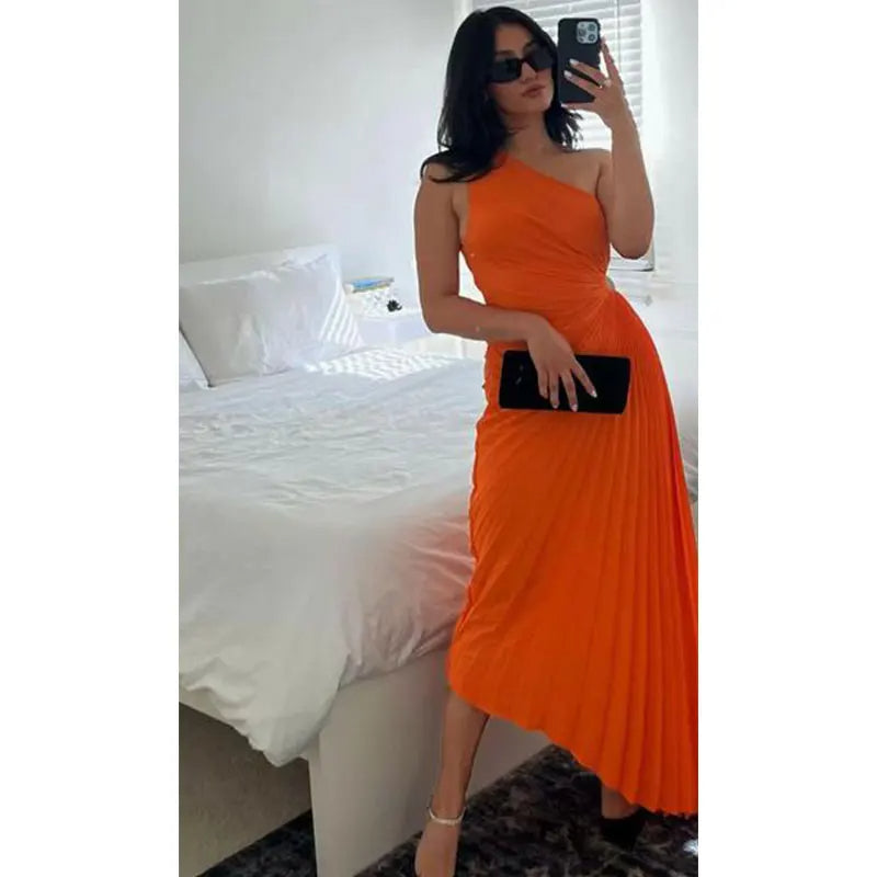 Women's Elegant One Shoulder Cinched Waist Pleated Evening Dress | Ideal for Spring/Summer