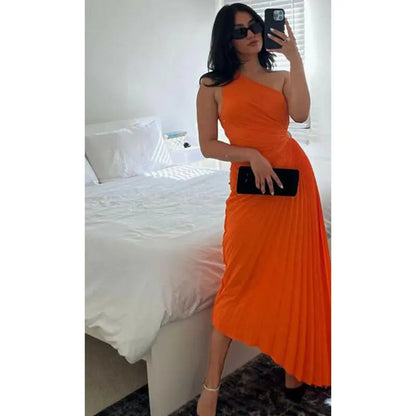 Women's Elegant One Shoulder Cinched Waist Pleated Evening Dress | Ideal for Spring/Summer