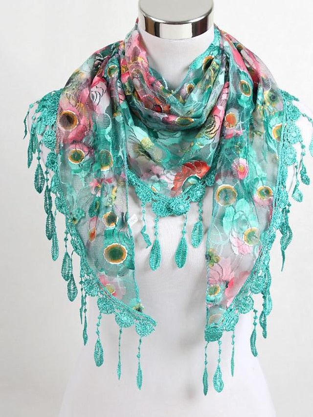 Shawls & Wraps Party Blue Scarf Floral &  Long Triangle Tassel Scarf / Basic / Fall / Winter / Spring for Women