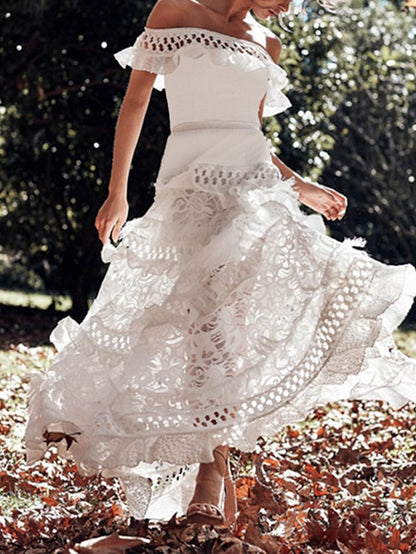 A Line Dress Maxi long Dress White Black Short Sleeve Solid Color Ruffle Spring Summer Off Shoulder Party Hot Romantic  S M L XL for Women