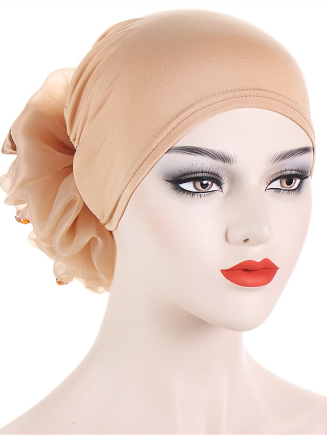 Women Solid Color Back Big Flower New Turban Muslim Hijab Caps Satin Flowers Arab Wrap Inner Hijabs Bonnet Hat Headdress for Women