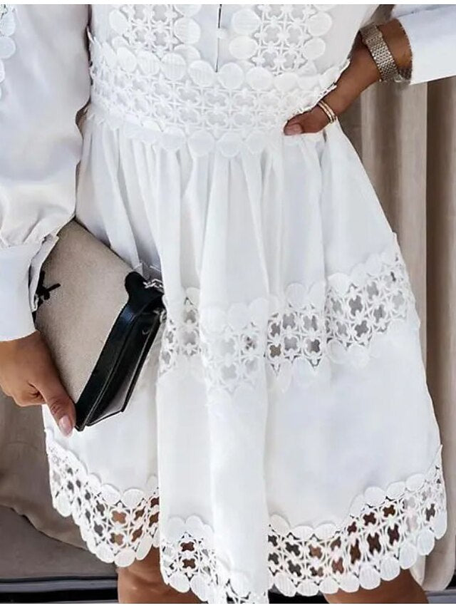A Line Dress Mini Dress White Long Sleeve Pure Color Lace Summer Spring Stand Collar Fashion Winter Dress Fall Dress  S M L XL XXL 3XL for Women