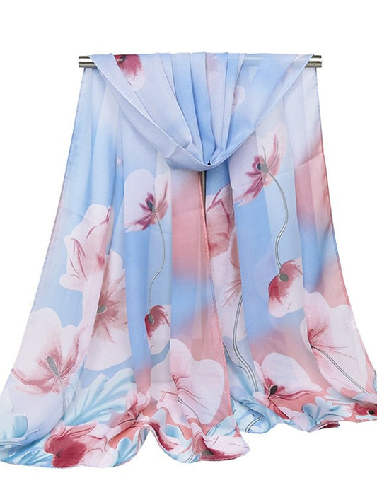 Thin Style Chiffon Georgette Print Beach Scarf Gradient Color Flower Summer Sunscreen Bandana Scarf&Shawl for Women