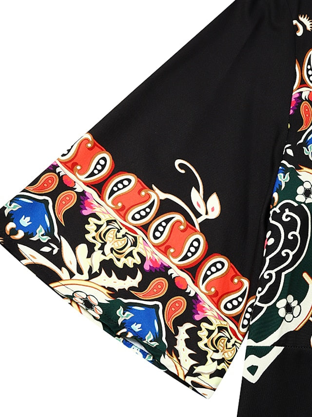 A Line Dress Maxi long Dress Black Short Sleeve Print Color Block Ruched Ethnic Tribal Print Spring Summer V Neck Stylish Modern  S-3XL for Women