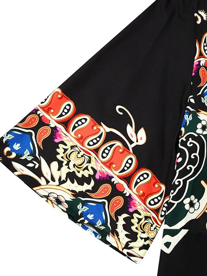 A Line Dress Maxi long Dress Black Short Sleeve Print Color Block Ruched Ethnic Tribal Print Spring Summer V Neck Stylish Modern  S-3XL for Women