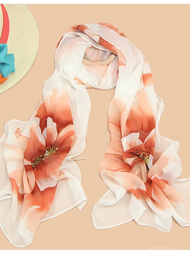 Large Floral Silk Scarf Cycling Sun Protection Long Scarf for Women