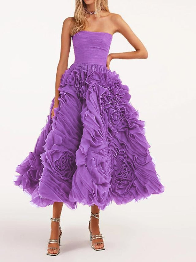 A-Line Prom Dresses Floral Dress Masquerade Ankle Length Sleeveless Strapless Tulle Backless with Floral 2023