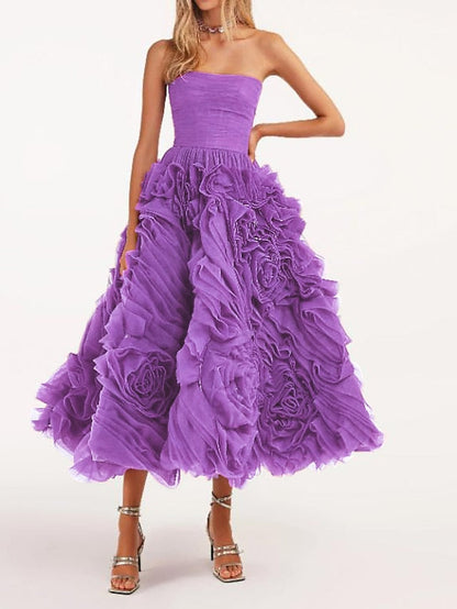 A-Line Prom Dresses Floral Dress Masquerade Ankle Length Sleeveless Strapless Tulle Backless with Floral 2023