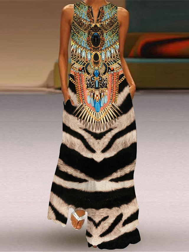 A Line Dress Maxi long Dress Black Sleeveless Floral Leopard Print Summer V Neck Stylish  5XL for Women