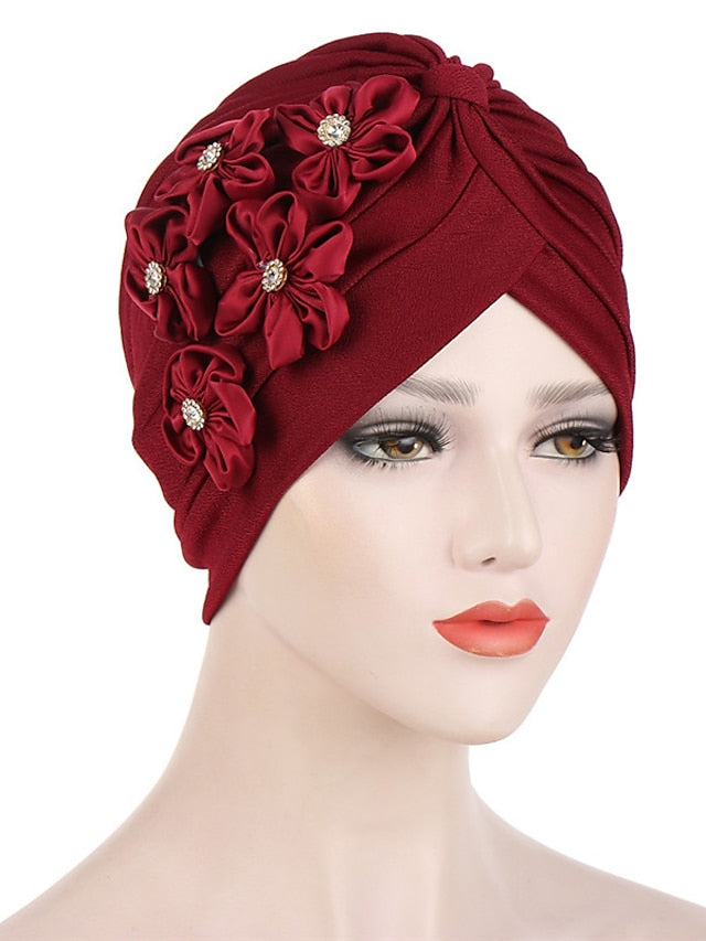 Elegant Women Five Flowers Turban Caps Muslim Elastic Crystal Party Headscarf Bonnet Ladies Hair Accessories Indian Cap for Women