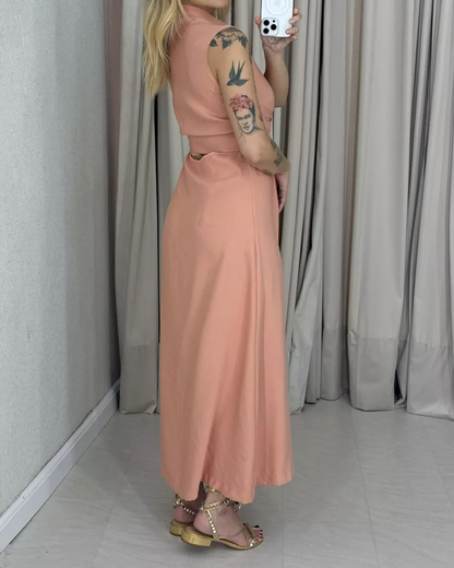 V-Neck Sleeveless Solid Color Waist Dres