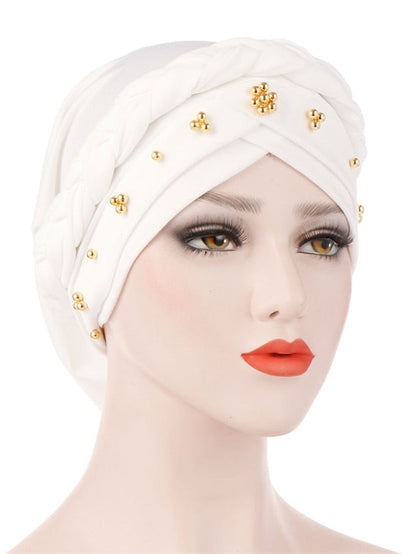 Women Lady Gold Beads Muslim Braid Head Turban Soft Islamic Arab Cap Hat Hair Care Bonnet Beanies Fashion for Women