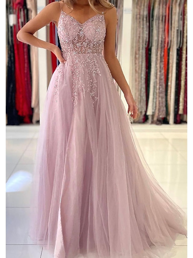 A-Line Prom Dresses Princess Dress Formal Court Train Sleeveless V Neck Tulle with Beading 2023