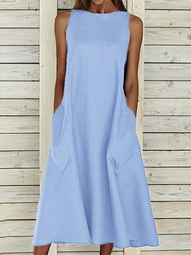A Line Dress Midi Dress Blue White Gray Yellow Sleeveless Solid Color Pocket Spring Summer Round Neck Basic Hot Loose  S M L XL XXL for Women