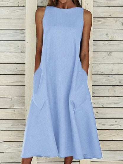 A Line Dress Midi Dress Blue White Gray Yellow Sleeveless Solid Color Pocket Spring Summer Round Neck Basic Hot Loose  S M L XL XXL for Women