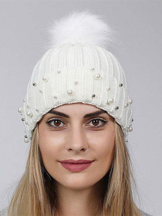 Hat Beanie / Slouchy Black White Outdoor Home Daily Beaded Knit Pure Color Portable Windproof Comfort for Women