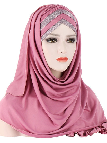 Forehead Cross Hair Wrap Scarf Solid Color Glitter Sequins Jersey Hijabs Muslim Headband Women Turban Hair Cap Headscarf for Women