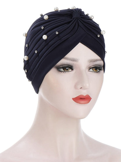 Boutique Solid Folds Pearl Muslim Turban Scarf Women Elastic Islamic Inner Hijab Caps Arab Wrap Head Femme Musulman Turbante for Women