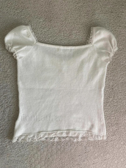 Paneled Lace White Puff Sleeve Blouse