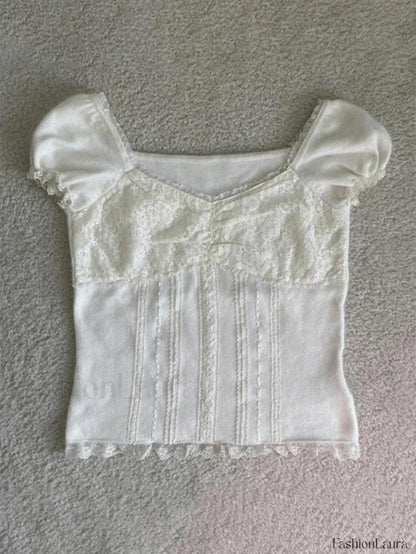 Paneled Lace White Puff Sleeve Blouse