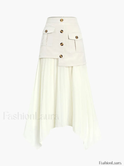 Patchwork Asymmetrical Pleated Buttoned Midi Skirt