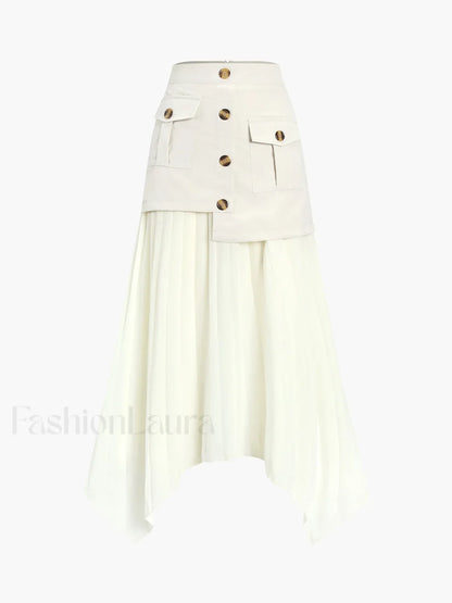 Patchwork Asymmetrical Pleated Buttoned Midi Skirt