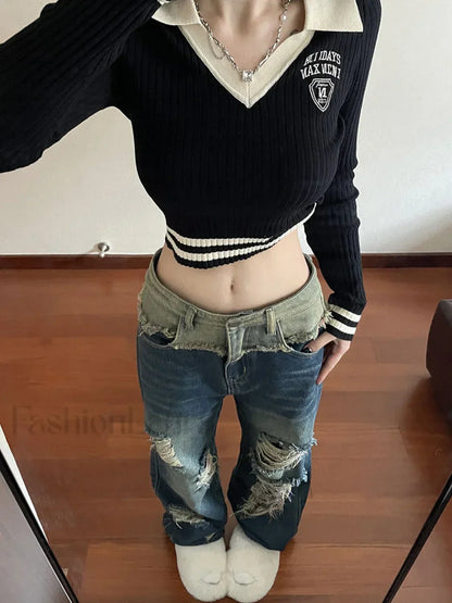 Patchwork Distressed Straight Trendy Leg Ripped Jeans