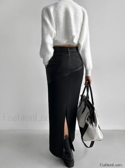 Patchwork Leather High Trendy Waist Maxi Skirt