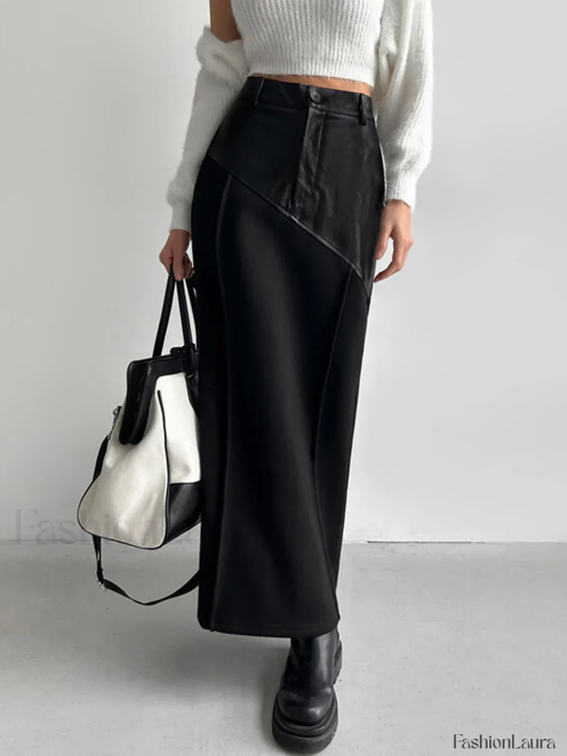 Patchwork Leather High Trendy Waist Maxi Skirt
