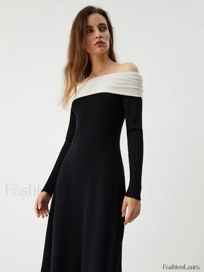 Patchwork Off Shoulder Long Modern Sleeve Long Sweater Dress