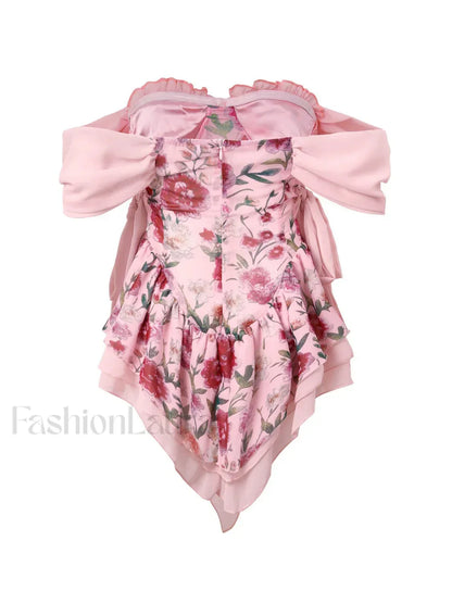 Patchwork Ruffle Bardot Floral Mini Dress