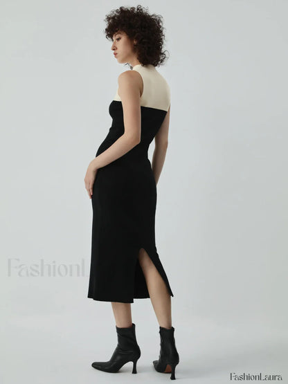 Patchwork Two Tone Mock Modern Neck Midi Sweater Dress