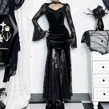 Patchwork Velvet Long Sleeve Midi Dress