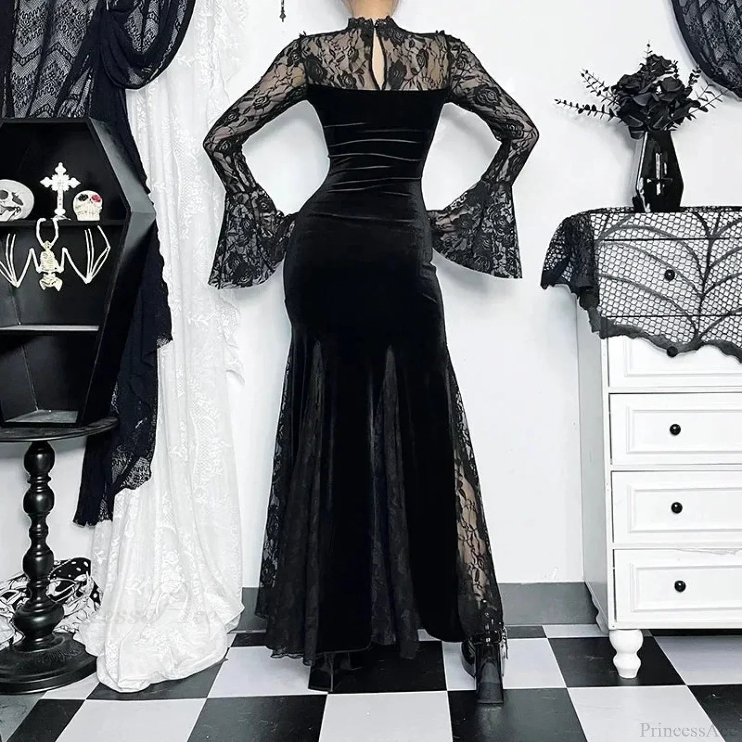 Patchwork Velvet Long Sleeve Midi Dress