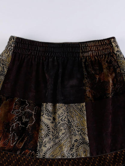 Patchwork Velvet Printed Midi Skirt
