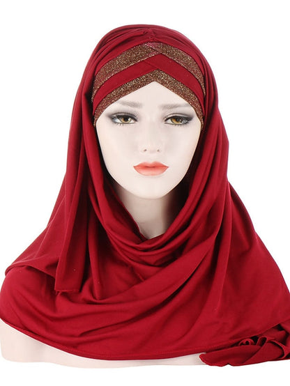 Forehead Cross Hair Wrap Scarf Solid Color Glitter Sequins Jersey Hijabs Muslim Headband Women Turban Hair Cap Headscarf for Women