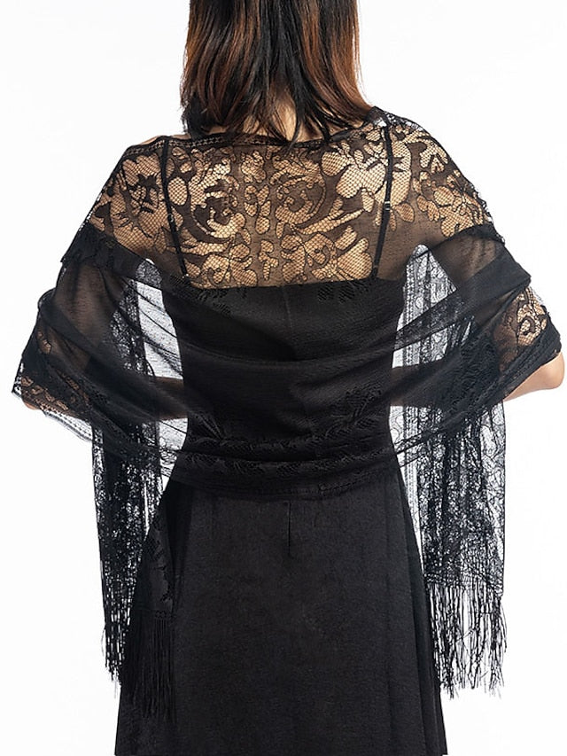 1pcs Women Solid Party Evening Lace Shawl Scarf Elegant Lace Sheer Hollow Tassel Scarves Femme Mesh Yarn Wedding Shawl for Women