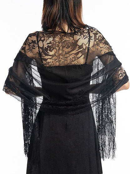 1pcs Women Solid Party Evening Lace Shawl Scarf Elegant Lace Sheer Hollow Tassel Scarves Femme Mesh Yarn Wedding Shawl for Women