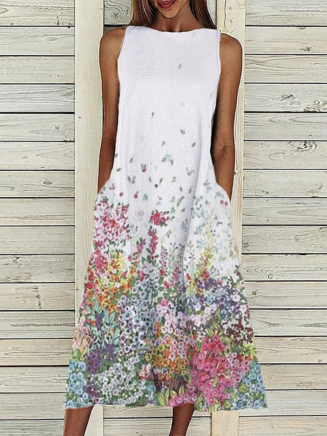 A Line Dress Midi Dress Sleeveless Floral Pocket Cold Shoulder Print Spring Summer Round Neck Casual Vintage Going out  S M L XL XXL Cotton for Women