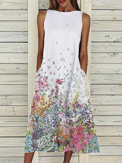 A Line Dress Midi Dress Sleeveless Floral Pocket Cold Shoulder Print Spring Summer Round Neck Casual Vintage Going out  S M L XL XXL Cotton for Women
