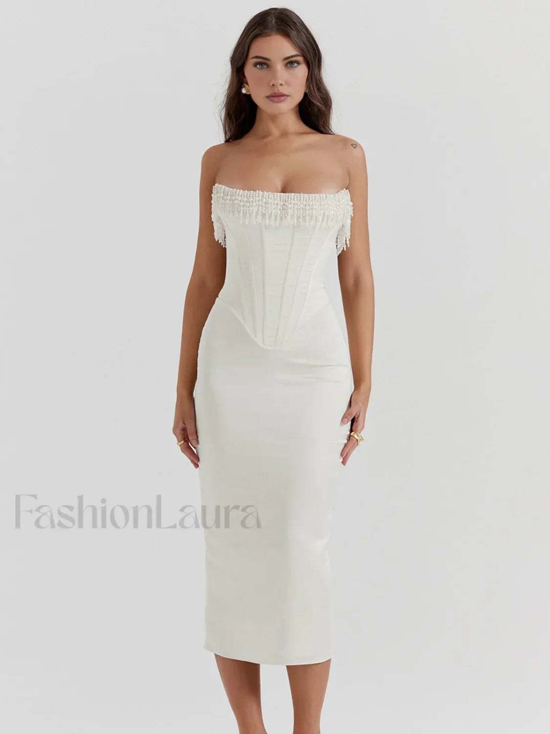 Pearl Decor Graceful Strapless Midi Dress