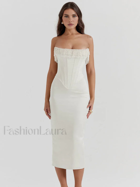 Pearl Decor Graceful Strapless Midi Dress